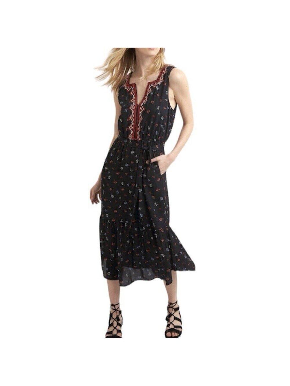 Gap Embroidered Tiered Sleeveless Boho V-Neck Midi Dress S Cottagecore Prarie